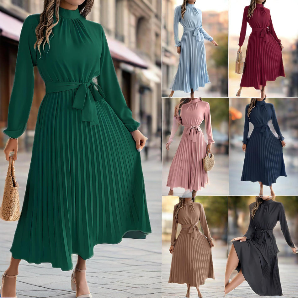 2025 Elegant Stand-Collar Pleated Mini Dress for Women