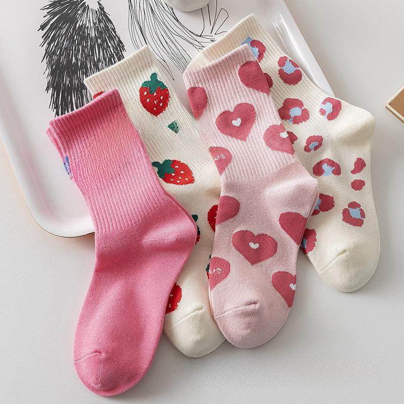Cute Strawberry Love Socks – Pink Mid-Length Style