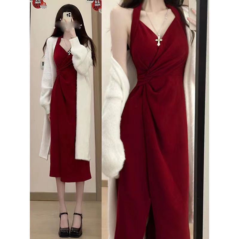 Women’s Red Chinese-Style Sweater Two-Piece Set
