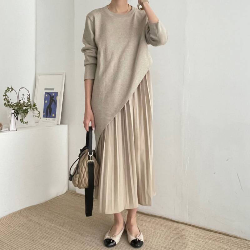 Korean Style Round Neck Pullover Pleated Dressn's Two-piece Set