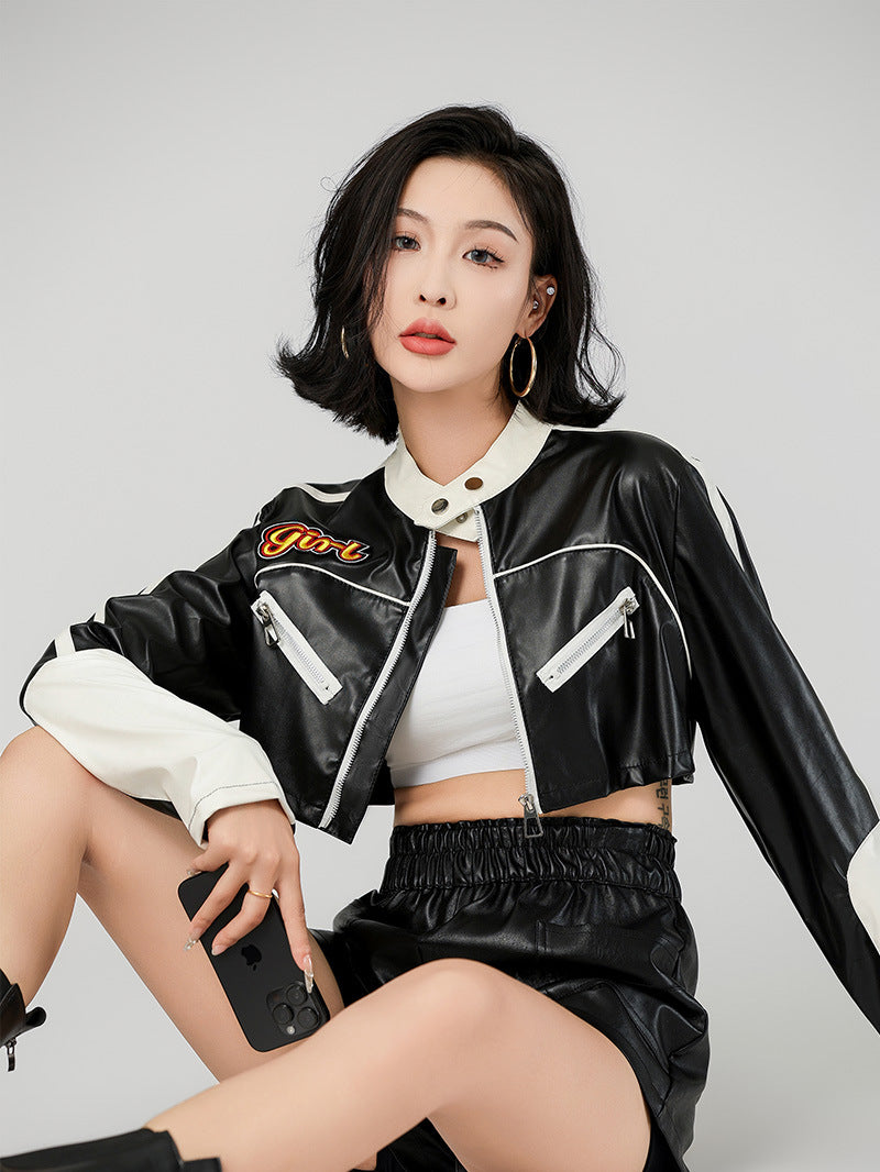 Women’s Street-Style Color-Block Biker Jacket