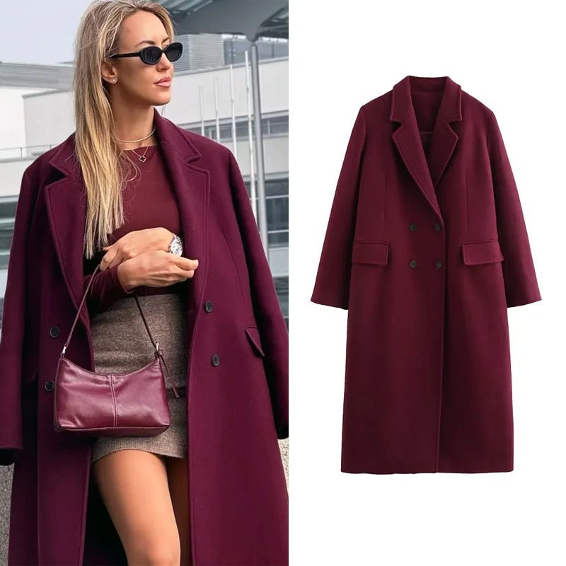 Women’s Korean-Style Red Woolen Coat