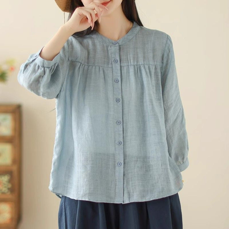 Cotton Linen Collar Shirt – Casual Slimming 3/4 Sleeve