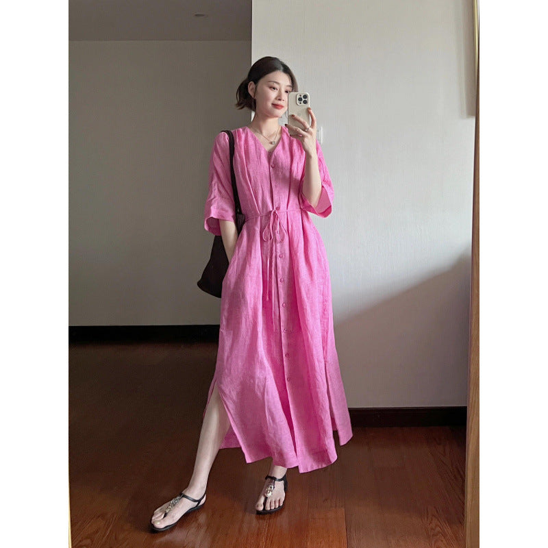 Summer Cotton Linen V-Neck Strap Dress
