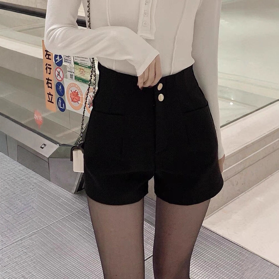 Fleece Lined High Waist Black A Line Winter Shorts
