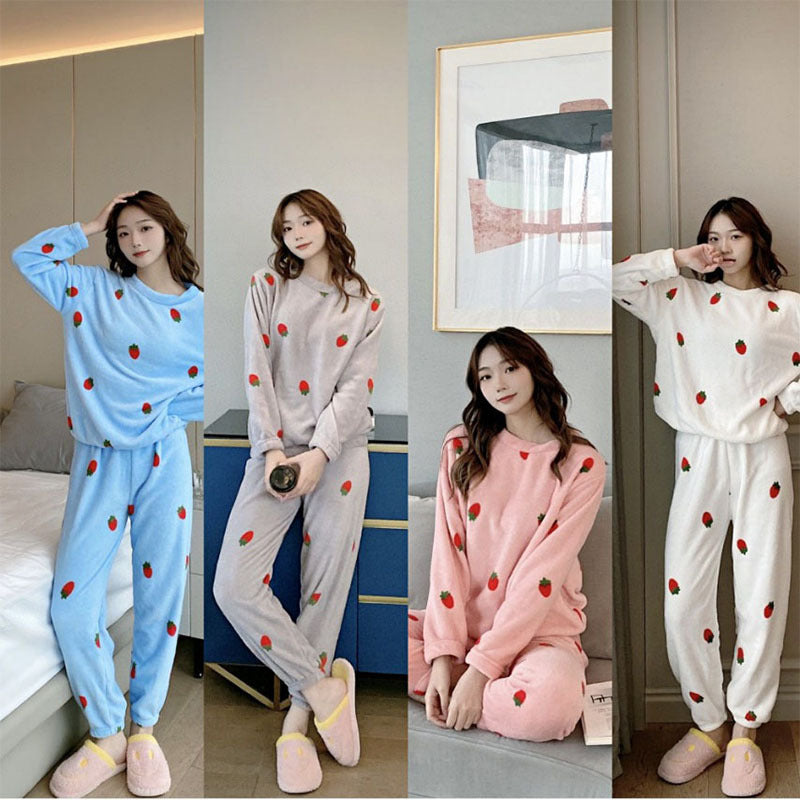 Women’s Flannel Strawberry Pajama Set Winter Warm