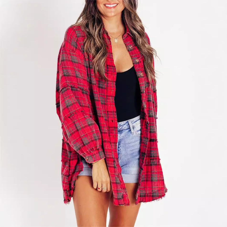 2025 Amazon European American Autum Plaid Tassel Shirt Loose