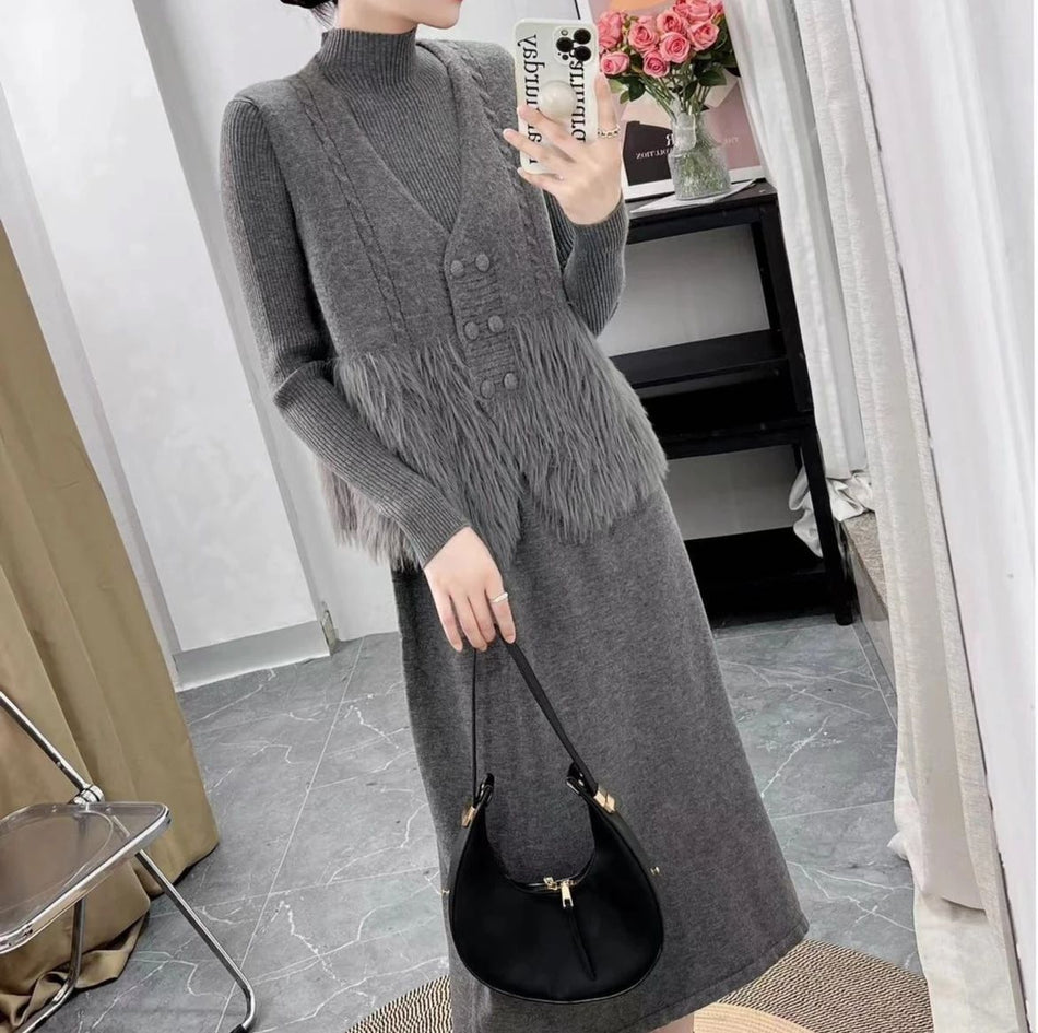 Winter Fur Vest Dress Two-Piece