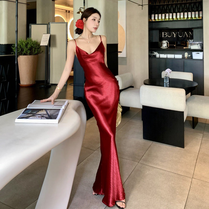 Vintage Red Sling Backless Long Party Dress Women