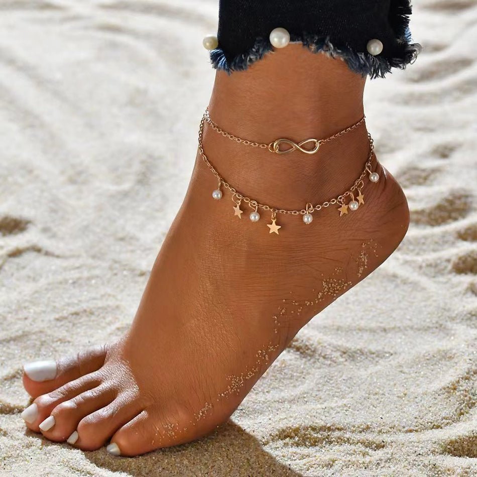 Bohemian Double-Layer Star Pearl Tassel Anklet