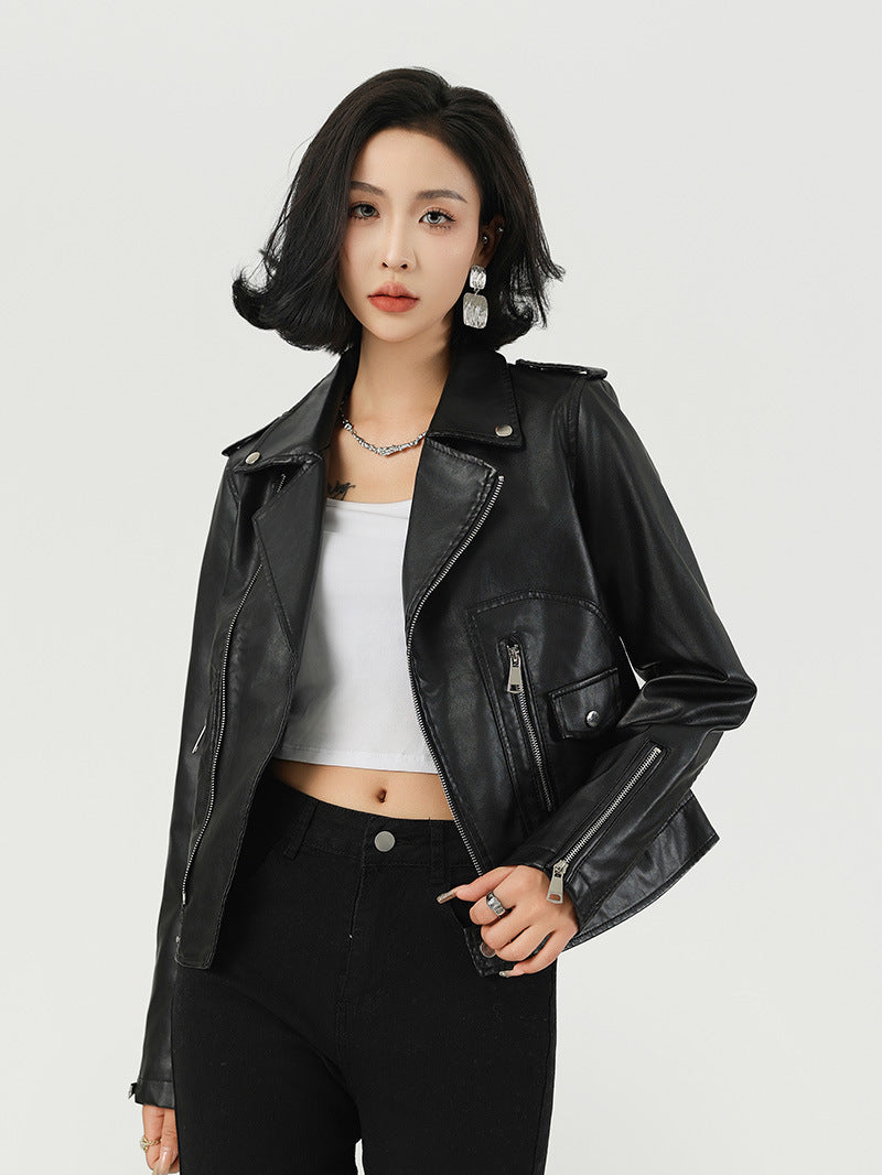 Women’s Short PU Leather Lapel Motorcycle Jacket