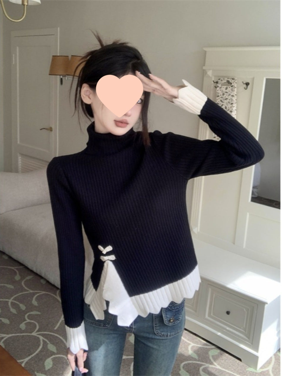 High-Neck Black Knitted Sweater Short Top