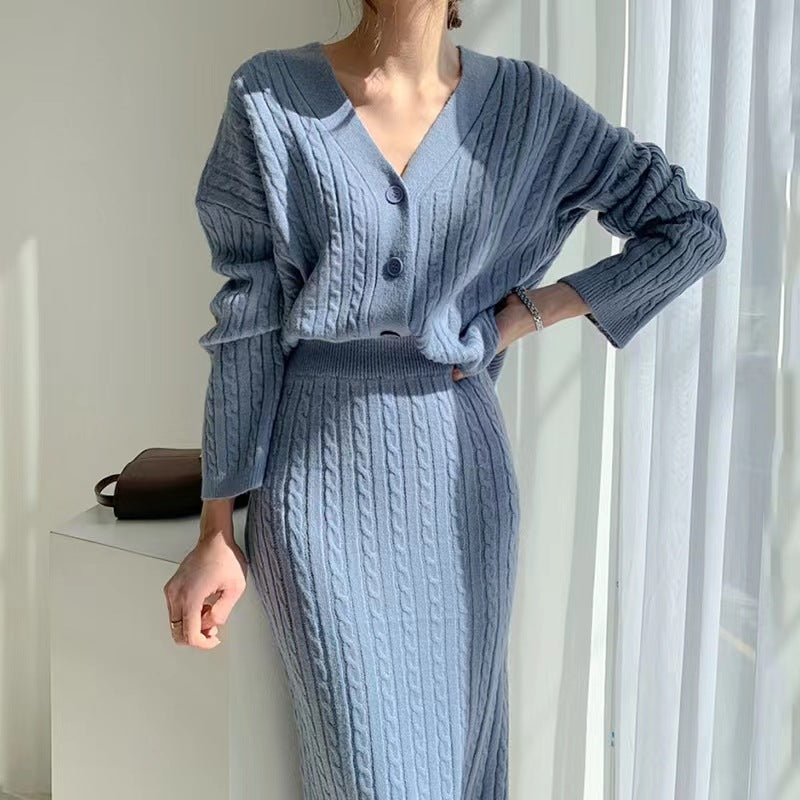 Korean V-Neck Cardigan & Skirt Two-Piece Set