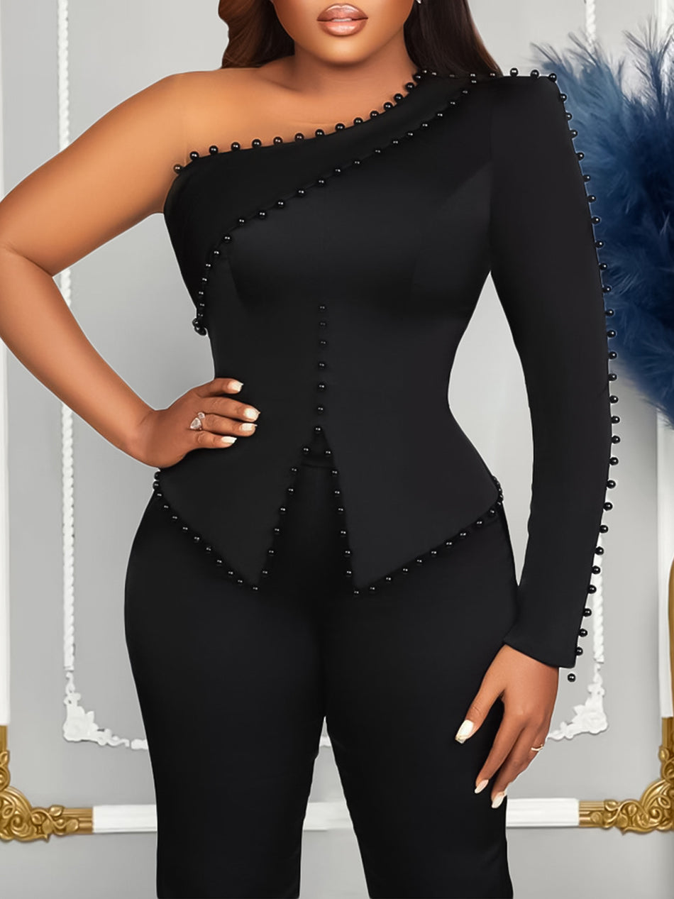 Women’s Plus-Size Oblique Shoulder Beaded Two-Piece Set