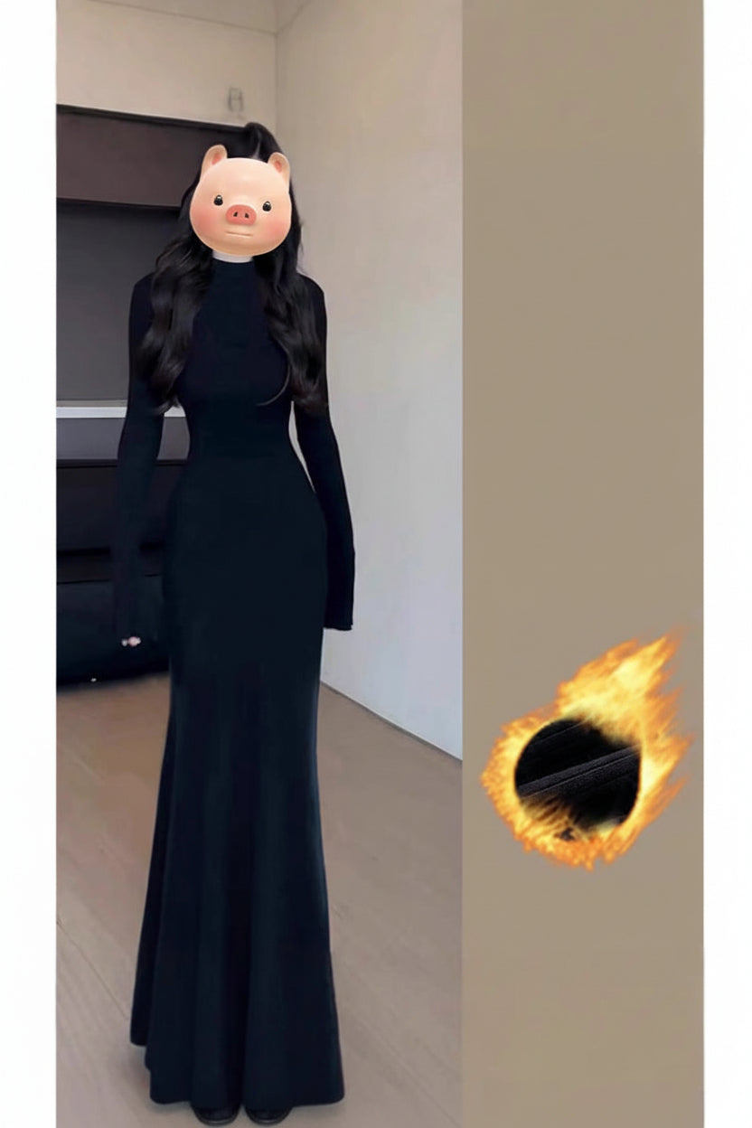 Black Lotus Fishtail Knitted Long Dress