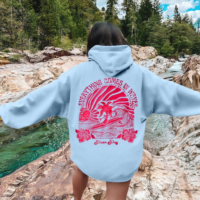 Women Dropped Shoulder Printed Hoodie European Loose Fit