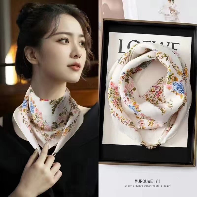 Elegant Women's Silk Scarf with Gold Ball Magnetic Buckle