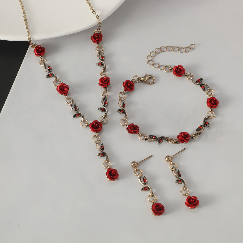 Retro Rose Jewelry Set | Necklace, Earrings & Bracelet Set