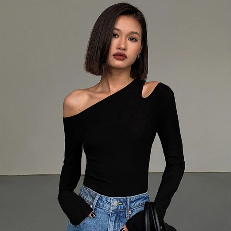 Black One Shoulder Slim Fit Long Sleeve Womens T Shirt Tops!
