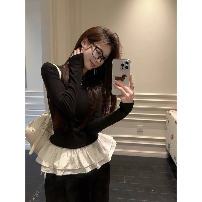 Ballet Lace Contrast Long Sleeve T-Shirt – Slim Fit Hot Girl Autumn Top