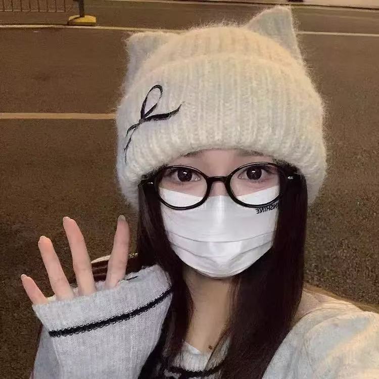 Women’s Cat Ear Knit Beanie with Bow Detail