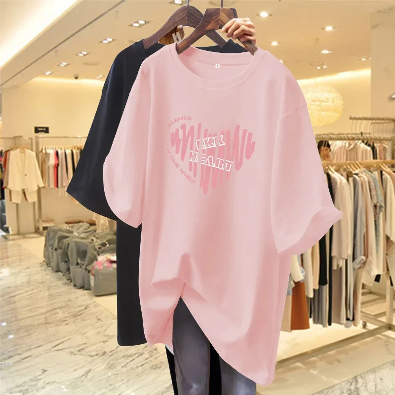 Pink Cotton Loose T-Shirt – Summer Mid-Length Tee