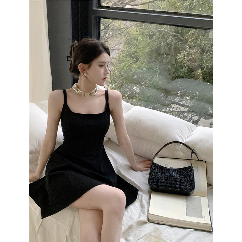 Black Square Neck A-Line Suspender Dress