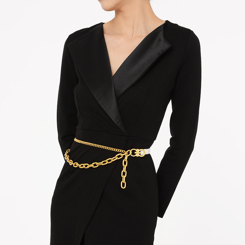 Women’s Thin Chain Belt – Double Layer Cowhide Waist Strap