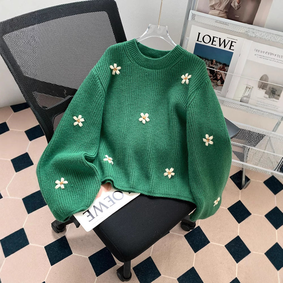 Vintage Embroidered Flower Pullover Sweater Women