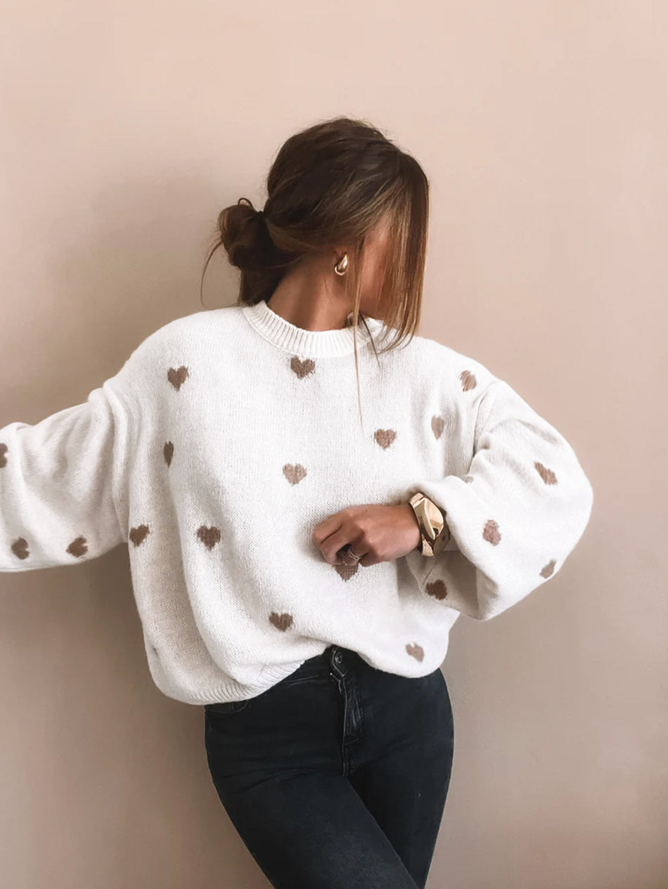 Women’s Heart-Print Round-Neck Casual Sweater