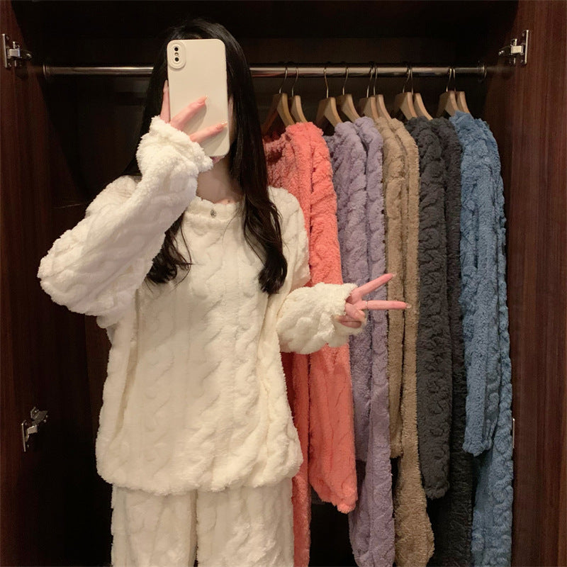 Coral Velvet Jacquard Pajamas Autumn Winter Fleece-Lined Casual Suit