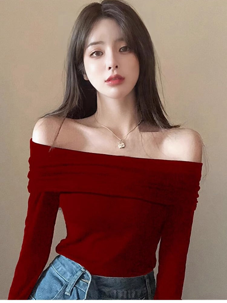Women Velvet Shoulder Exposed Slim Fit Long Sleeve Top