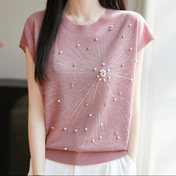 Beaded Bamboo Knot Knit Tee with Flutter Sleeves