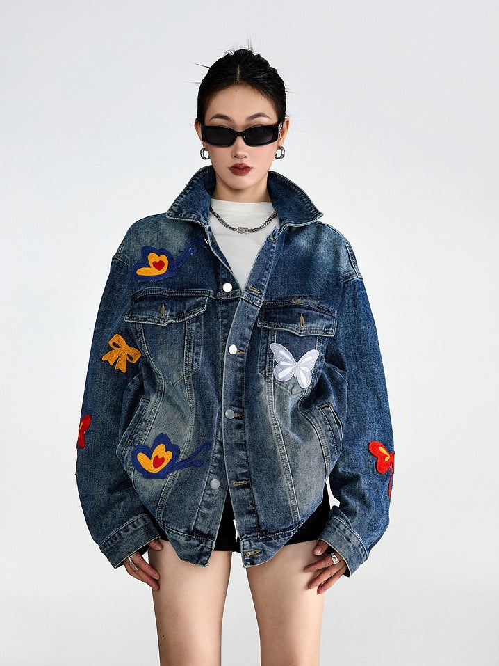 Butterfly Embroidered Retro Denim Jacket