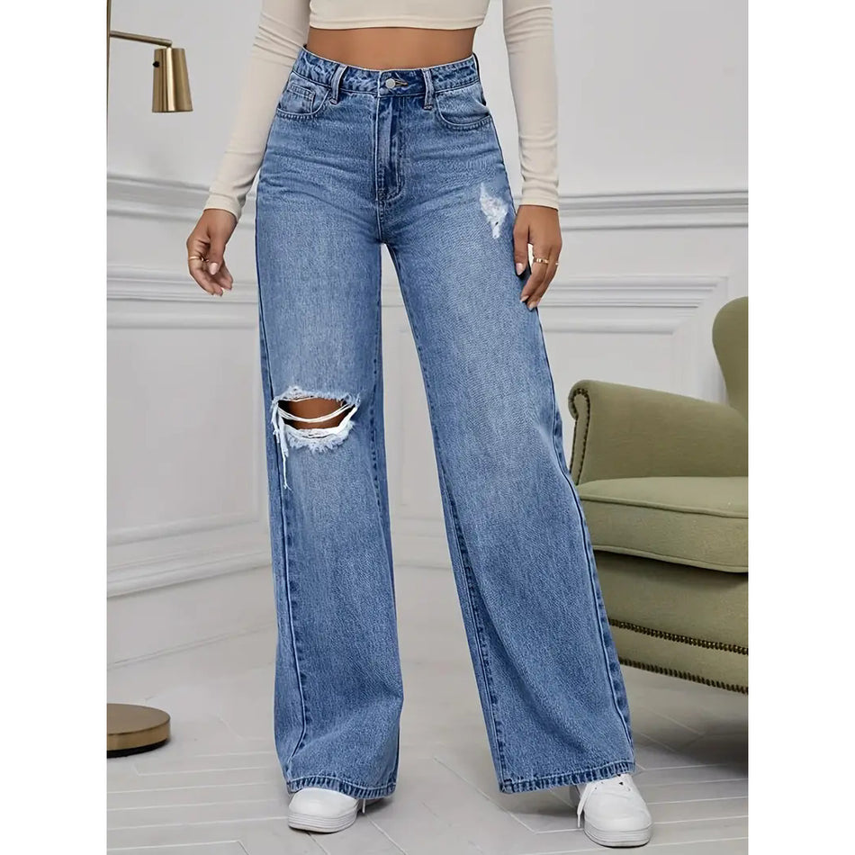 Women’s High Waist Slimming Wide Leg Ripped Jeans