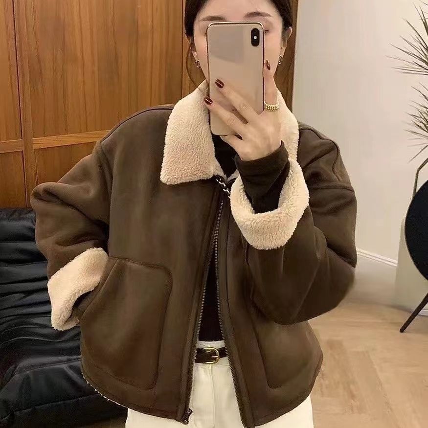 Women’s Lambswool Coat Thick Lapel Fur Biker Jacket