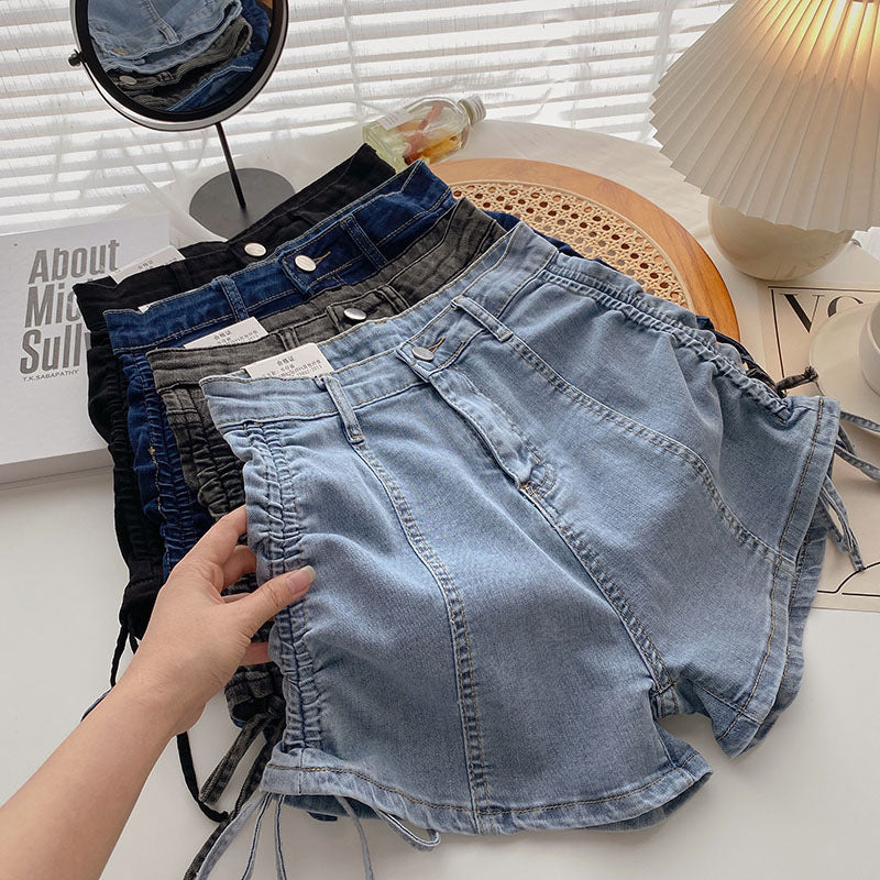 Lace-Up Pleated Denim Shorts