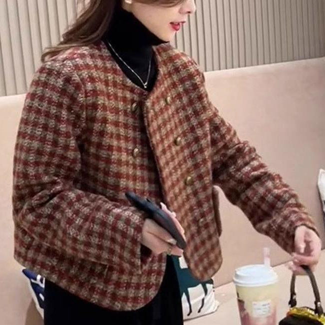 Women Chanel Style Short Plaid Jacket Autumn Winter Trendy