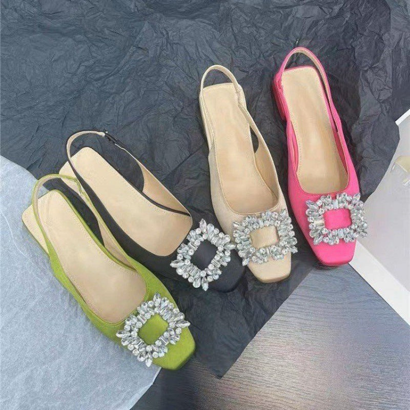 Closed-Toe Chunky Heel Sandals – Rhinestone Buckle