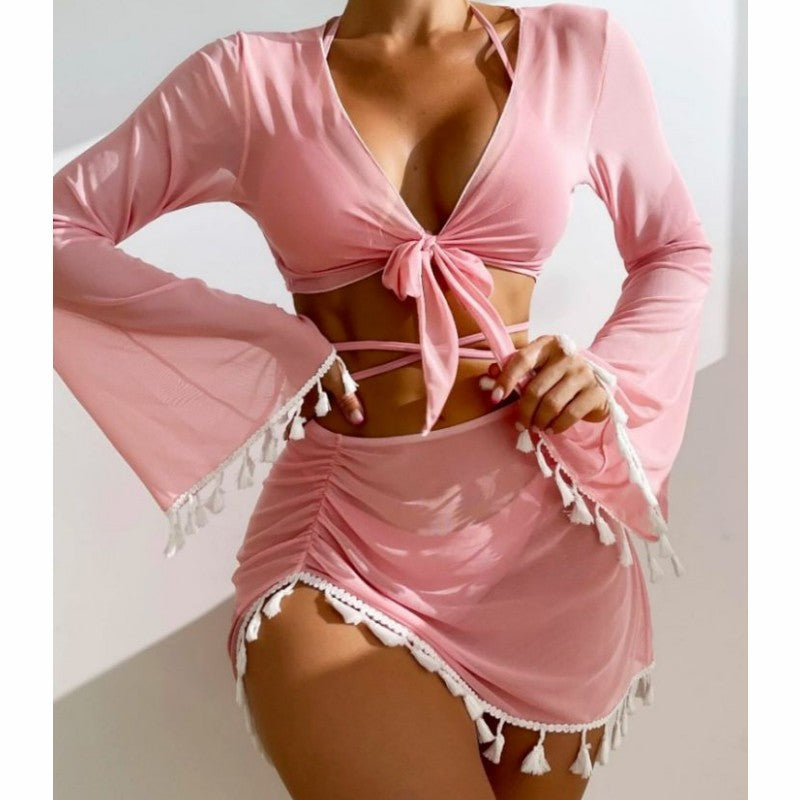 Women’s Four-Piece Bikini Set – Tassel Blouse & Mesh Skirt