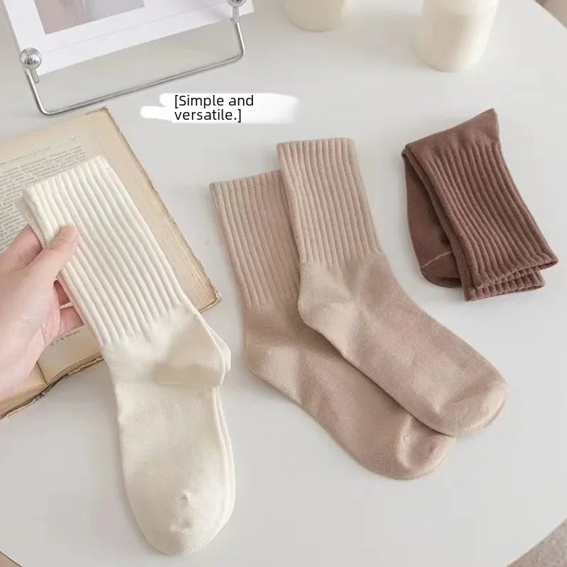 Mid-Length Cotton Socks – Solid Color Korean Fashion