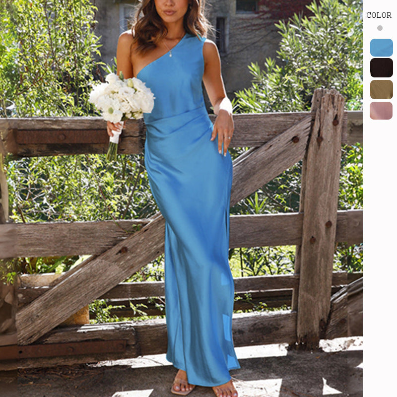 One-Shoulder Satin Split Dress – Slim Fit Style