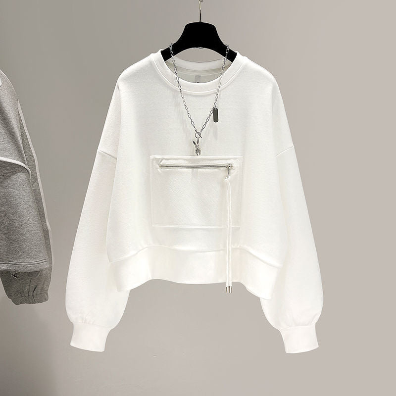 Women’s Zipper Pocket Sweatshirt – Loose Lace-Up Top