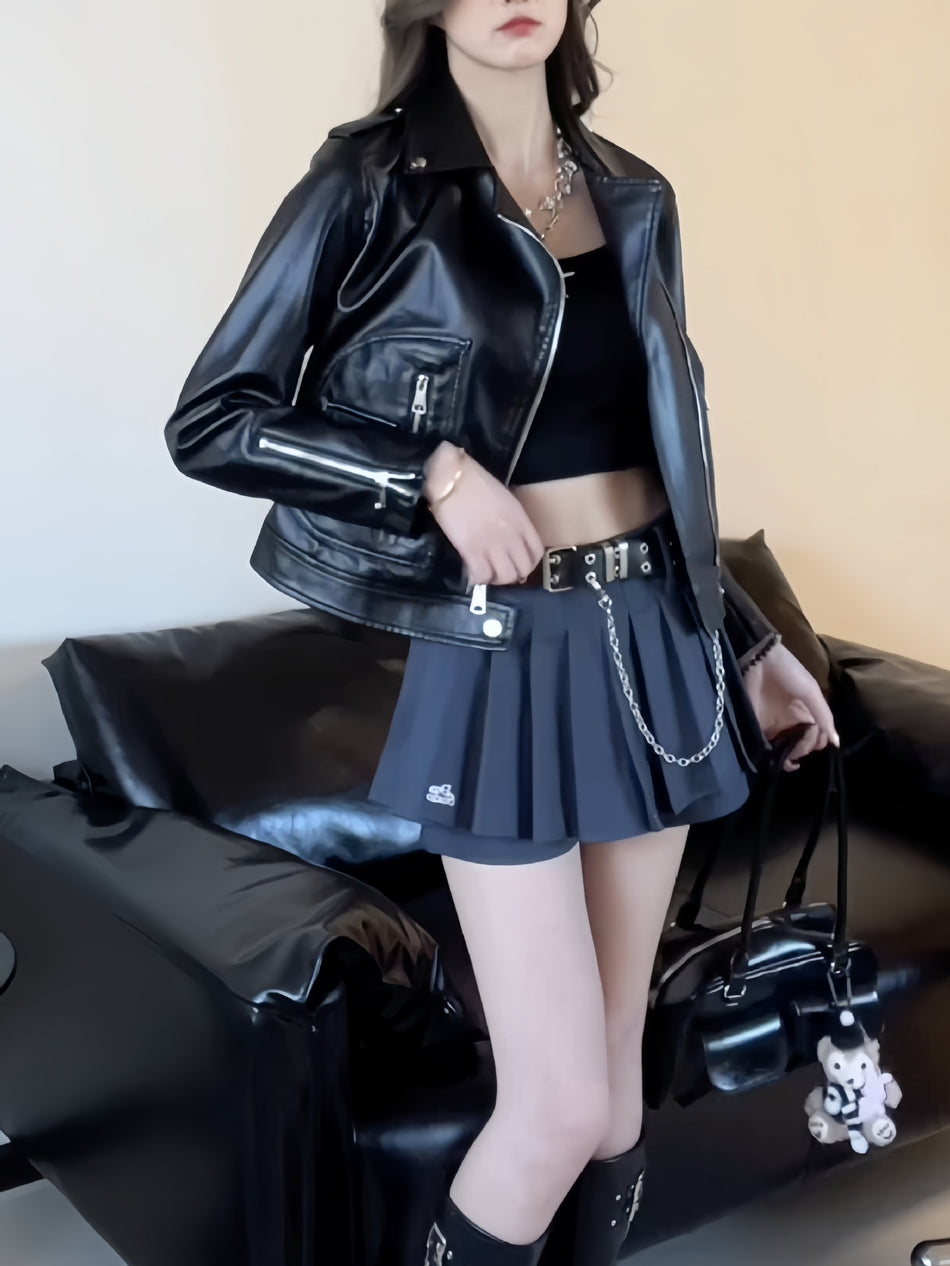 Women’s Short PU Leather Motorcycle Jacket