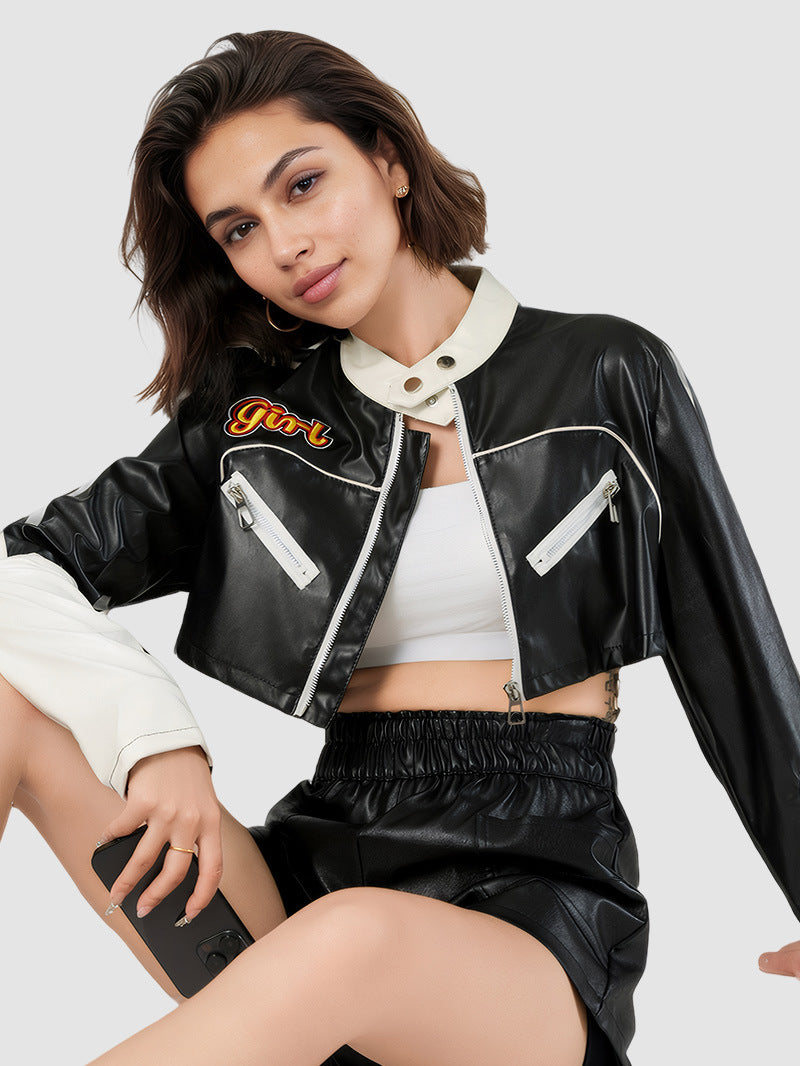 Women’s Color-Block Brushed PU Leather Jacket