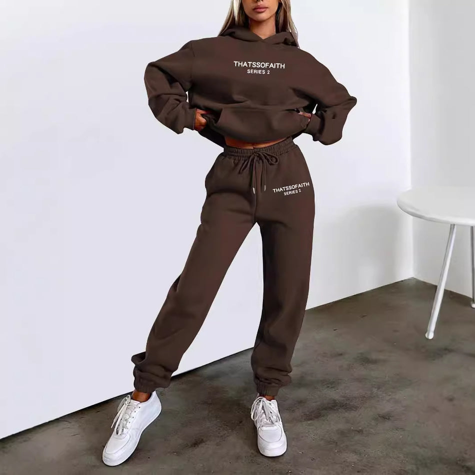 Women Letter Print Hooded Sweatshirt Fleece Suit Set Casual