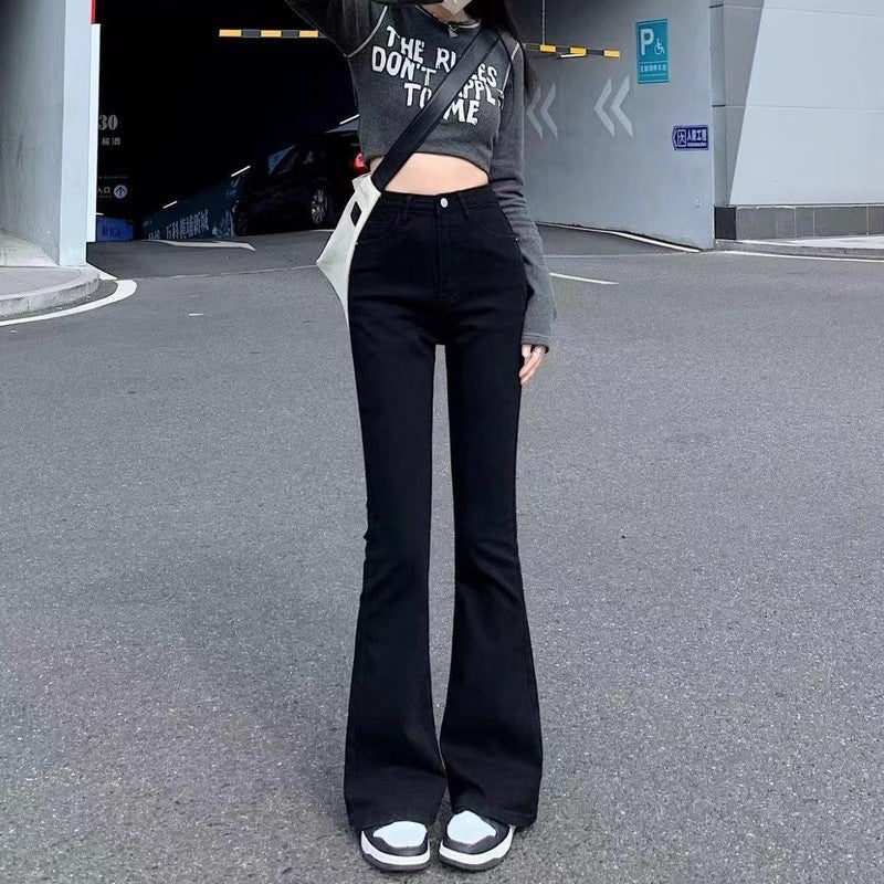 Women Korean High Waist Black Flared Bootcut Jeans Long Fit!