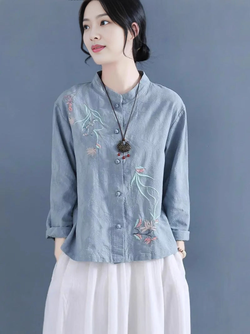 Chinese Style Embroidered Cotton Linen Vintage Shirt