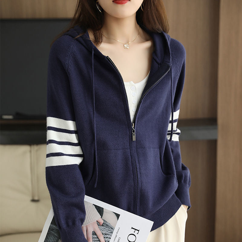 Women’s Korean Style Hooded Zipper Knit Cardigan