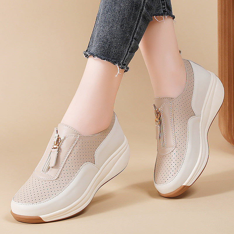 2025 Women’s Genuine Leather Hollow Zipper Sneakers Plus Size